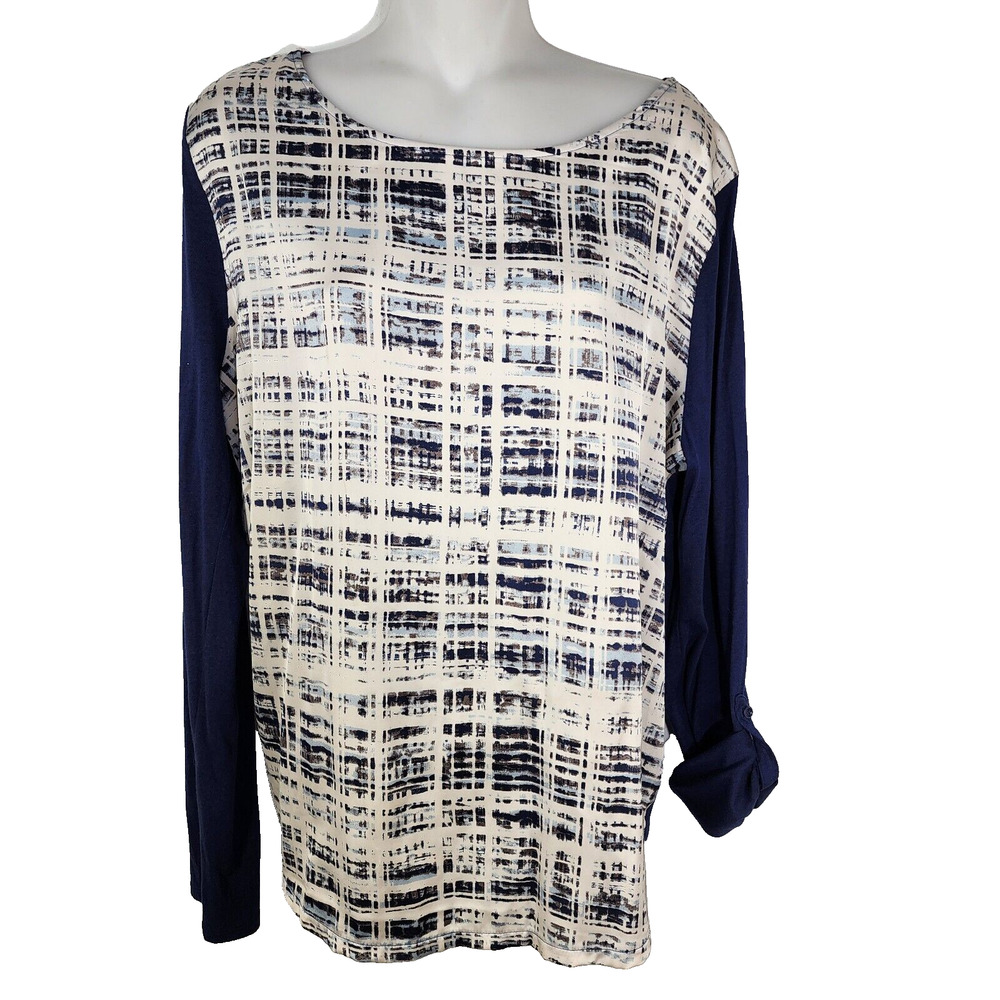 Ann Taylor Blouse Women Large Mixed Media Rolled Tab Sleeves Hi Low Blue Ivory